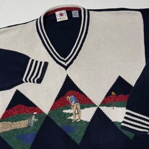 Vintage Cotton Traders Sport Golf Theme Sweater‎ V Neck Men's Size Large